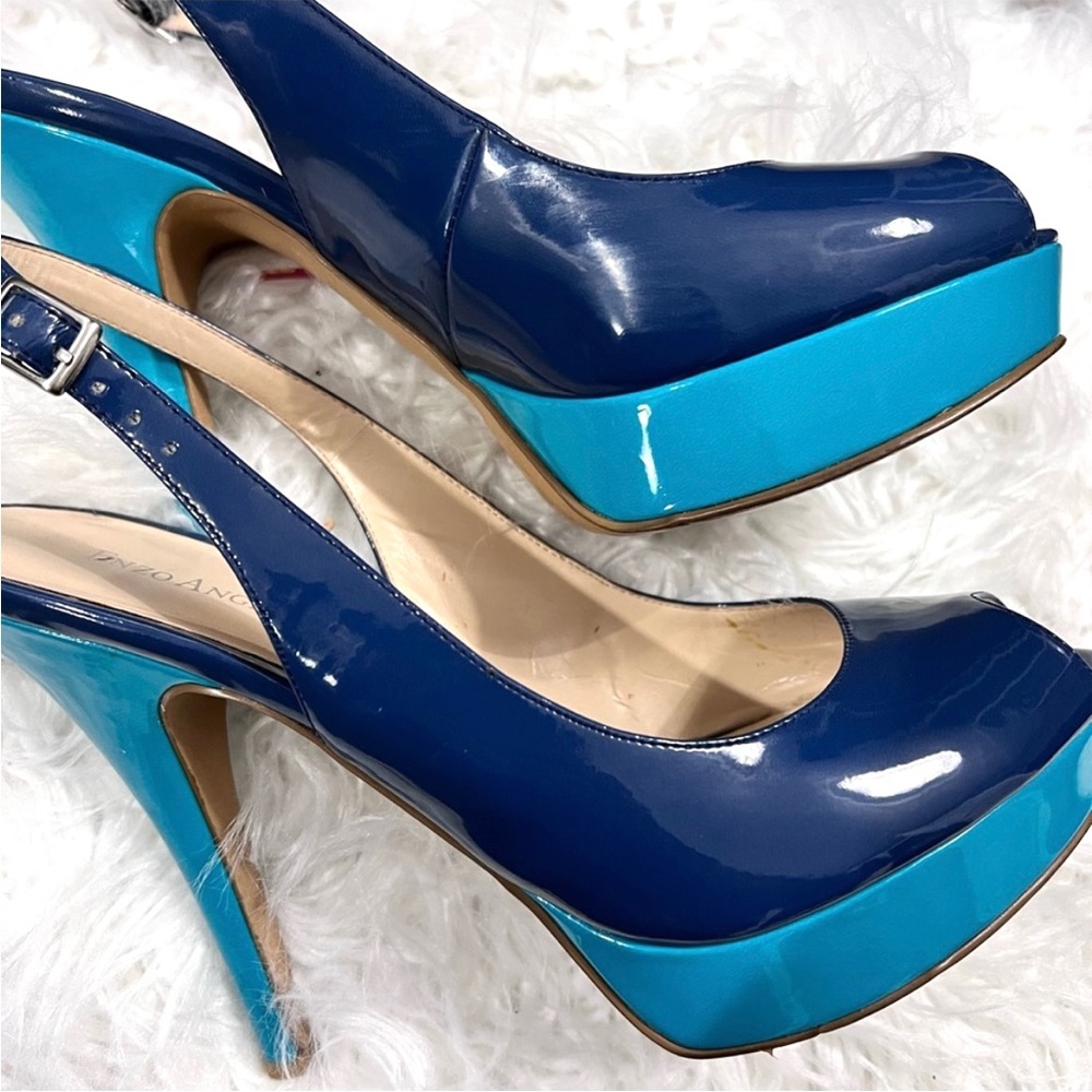 ENZO Angiolini blue colour block peep toe platform sling back heels size…